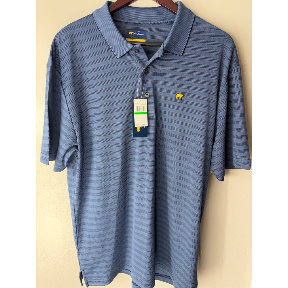 Jack Nicklaus Mens Golf Polo Shirt Blue Golden Bear Striped JN KFA054OF L New